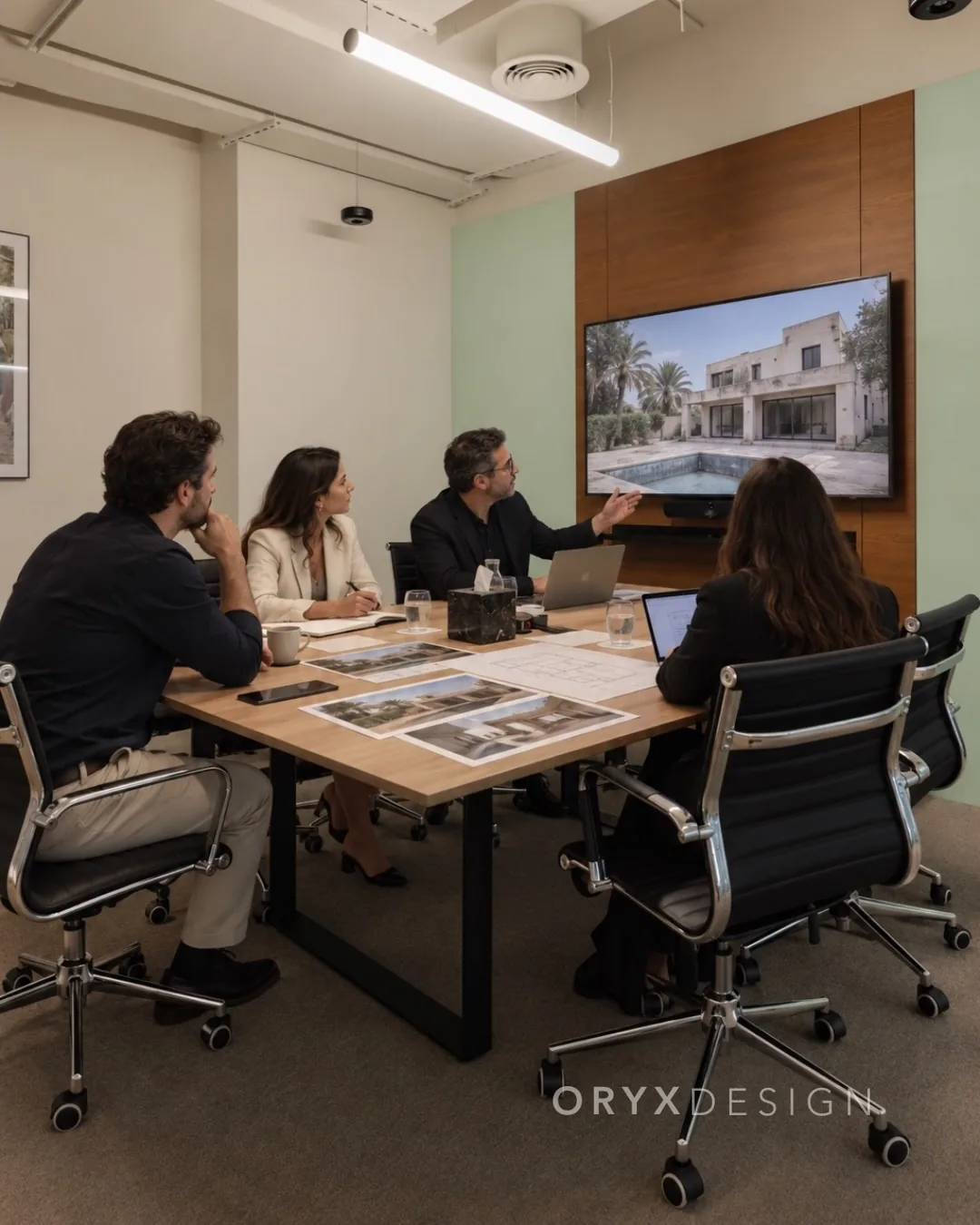 The Oryx Design team around the table in their Dubai office, reviewing plans and material samples for a villa renovation